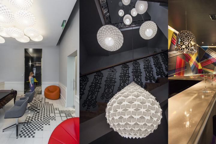 Adamlamp geometric ceiling light installation casati hotel budapest lobby lighting 