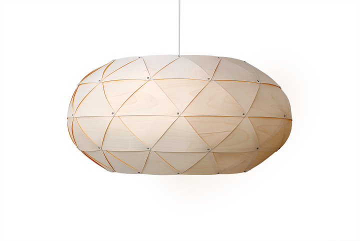 A modern wood pendant light in an ellipse shape, made from maple veneer, offering a warm atmosphere with its natural wood texture.