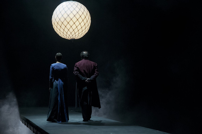 adamlamp diamond grid ball light, The Merchant of Venice, Theater, large geometric light sphere installation,  