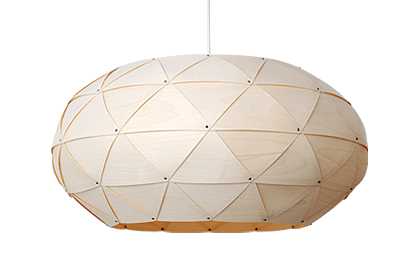 Geometric pendant light made of maple wood veneer, designed to emit warm light while showcasing the wood's natural beauty.