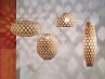 Four unique hanging lamps featuring hexagonal bamboo designs, showcasing natural wood and modern interior aesthetics.