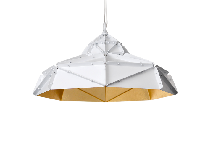 Octagon Wide Gold Faceted suspended Light, stainless steel, gold inside, white powder-coated