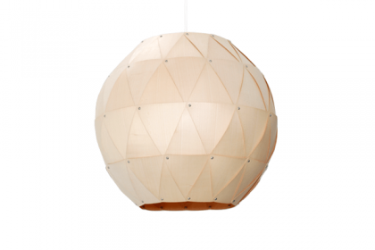 Modern spherical pendant light with a geometric design, made from translucent maple wood veneer, enhancing any room's ambiance.